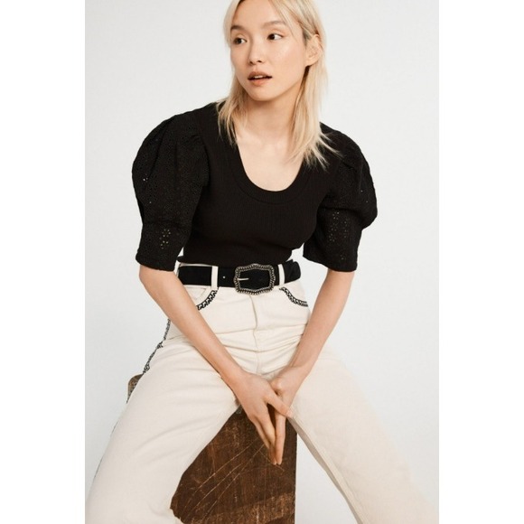 Claudie Pierlot Tops - CLAUDIE PIERLOT Black Ribbed‎ Puff Sleeve Ruffled Eyelet T-shirt Top Size Small